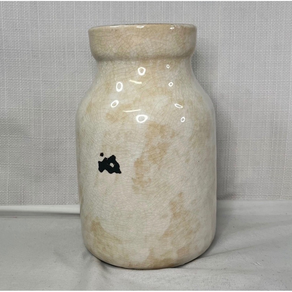Rustic Crackle Glaze Ceramic Crock Vase Distressed Farmhouse Jar Cream 6.5in